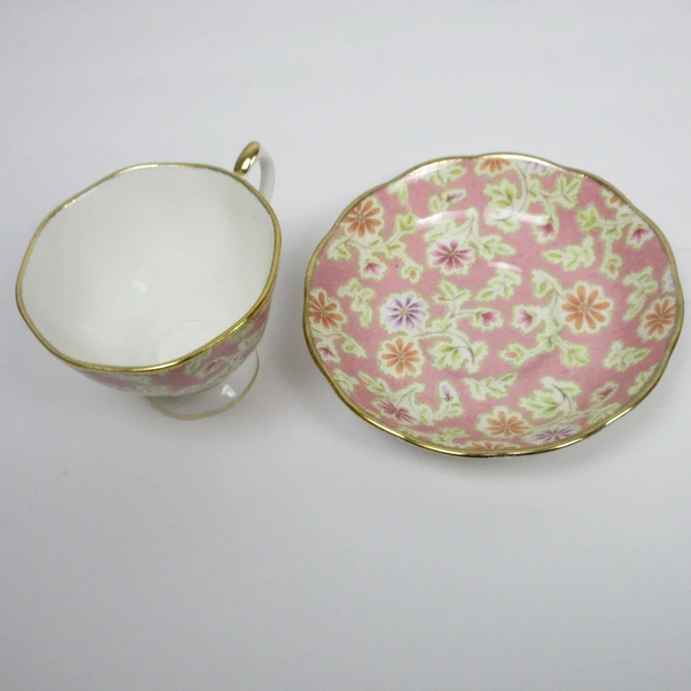 Royal Albert Vintage Florals Peach Teacup and Saucer Set Gold Trim Bone China